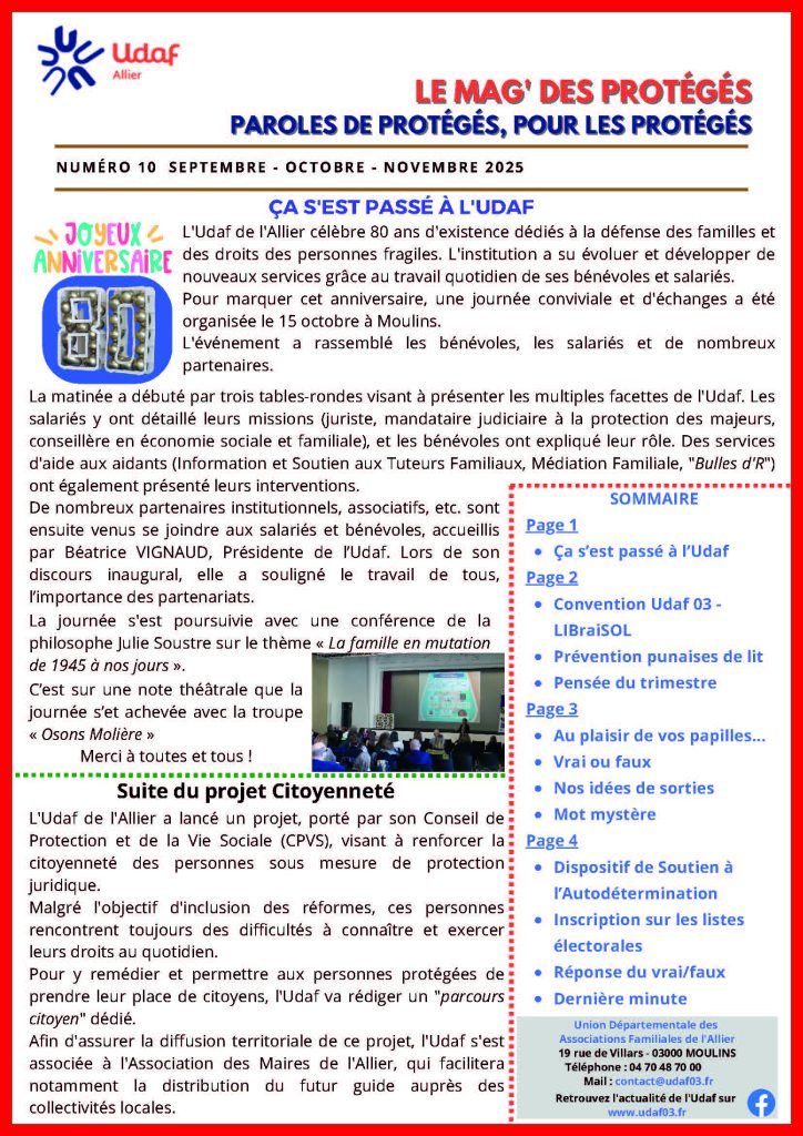 Le Mag' des protégés n°10 septembre octobre novembre 2025 - Udaf 03 Allier